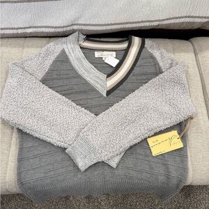 Vintage Havana Gray V-Neck Sweater with Textured Sleeves